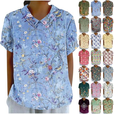 Linen Shirts For Women Plus Size - Short Sleeve Button Down V-Neck Blouse, 60% Cotton 40% Linen, Casual Summer Tops