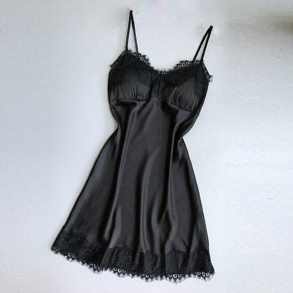 Fartey Lingerie Nightgowns for Women Lace V-Neck Sleepwear Spaghetti Straps Pajamas Fashion Simple Solid Color Satin Soft Thin Nightgown Black L