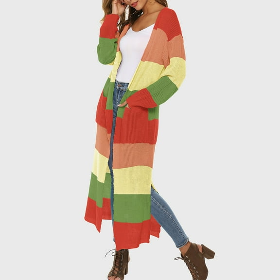 Fartey Long Cardigan Sweaters for Women Fashion Colorblock Open Front Knit Sweater Loose Fit Long Sleeve Coat Fall Winter Outdoor Casual Warm Outwear with Pockets