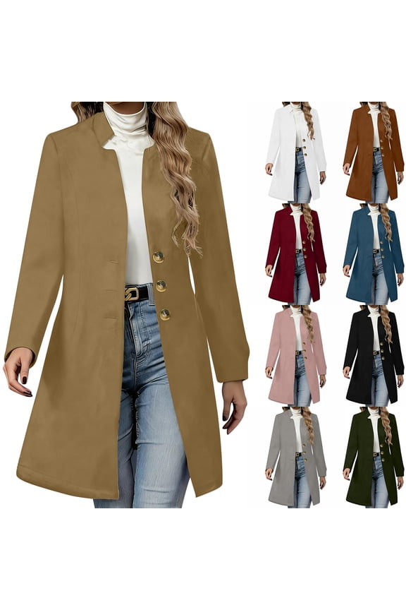 Long Pea Coats for Women Dressy Casual Long Sleeve Stand Collar Coat Winter Fashion Single Breasted Warm Overcoat Solid Color Trench Coat KH M