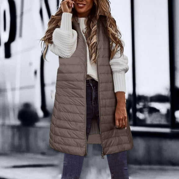 Fartey Long Puffer Vest for Women Plus Size Winter Warm Sleeveless Zip Up Coats Lightweight Quilted Puffy Jacket Outerwear with Pockets M