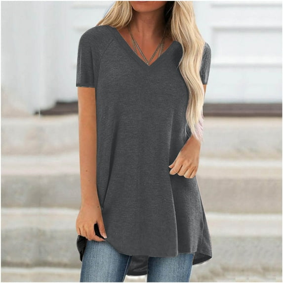 Fartey Long Shirts for Women Plus Size V Neck Tunic Tops Loose Casual Summer Short Sleeve T Shirts Soft Comfy Solid Color Beach Vacation Blouses Black XXXL