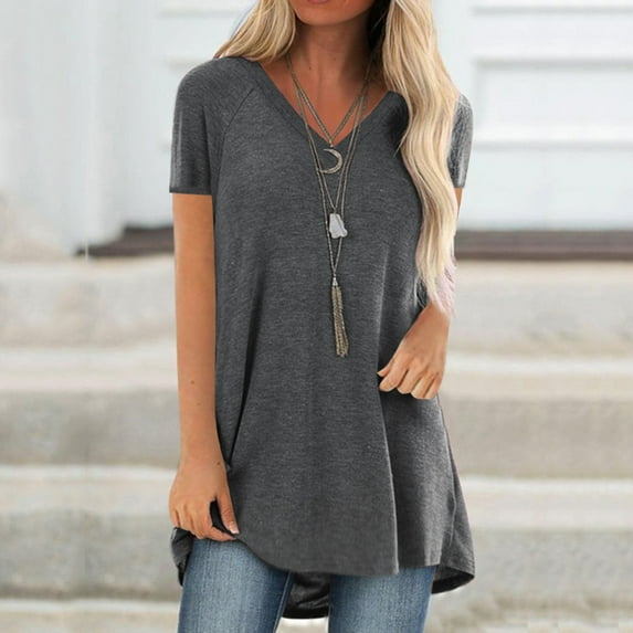 Fartey Long Shirts for Women Plus Size V Neck Tunic Tops Loose Casual Summer Short Sleeve T Shirts Soft Comfy Solid Color Beach Vacation Blouses Gray XXXXXL