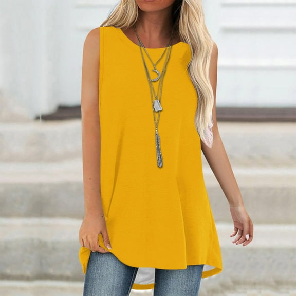 Fartey Long Tank Tops for Women 2025 Summer Sleeveless Shirts Soft Comfy Solid Color Crew Neck Camis Top Loose Flowy Beach Vacation Camisoles Yellow L