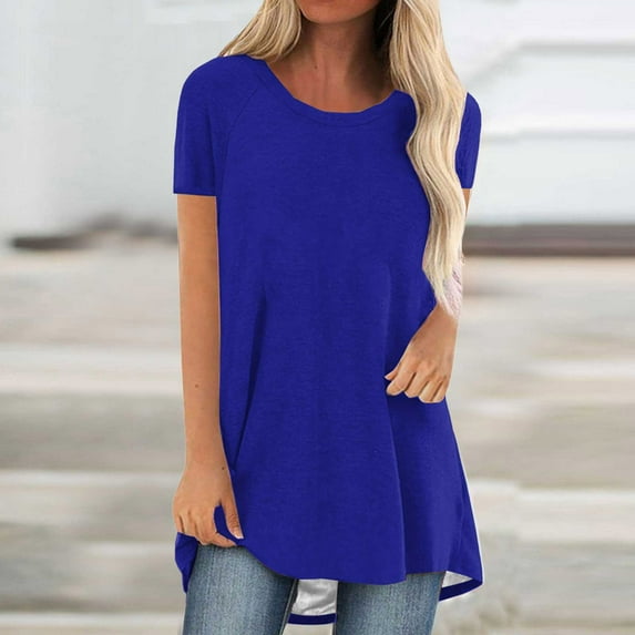 Fartey Long Tunic Tops for Women 2025 Summer Short Sleeve Shirts Loose Casual Crew Neck Tshirts Solid Color Basic Blouses Dark Blue L