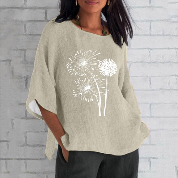 Fartey Loose Fit Cotton Linen Shirts Women Plus Size Summer 3/4 Sleeve Tops Crew Neck Floral Print Casual Blouses Comfort Lightweight Beach T Shirts