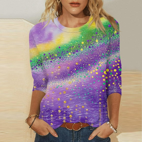 Fartey Mardi Gras Shirt Women 3/4 Sleeve Crew Neck Tunic Tops Funny Graphic Tshirts Loose Fit Casual Shirts Plus Size Carnival Party Blouses Purple S-2XL