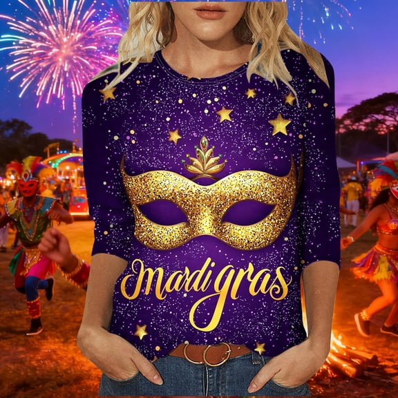Fartey Mardi Gras Shirt for Women Funny Carnival Graphic Tshirts 3/4 Length Sleeve Tunic Tops Crewneck Holiday Shirts Loose Casual Holiday Blouses Purple S-3XL