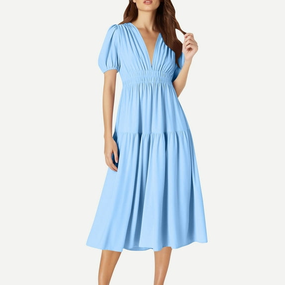 Fartey Maxi Dresses for Women 2025 Deep V Neck Puff Short Sleeve Tiered Dress Elegant Elastic High Waist Flowy A Line Dresses Party Dress Light Blue L