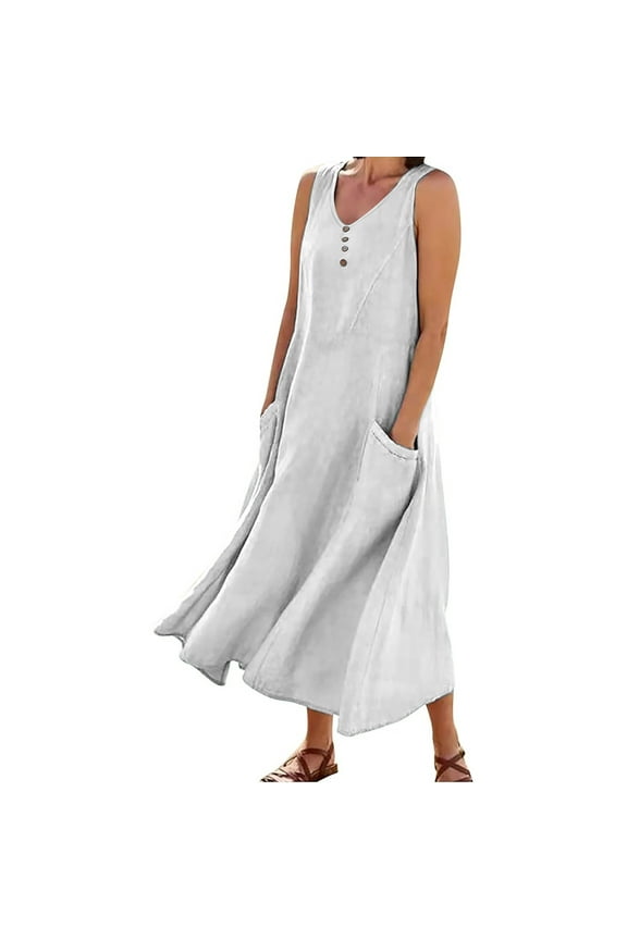Maxi Dresses for Women 2025 Summer Trendy Plain Plus Size Cotton Linen Dress Casual Loose Crewneck Sleeveless Flowy Sundress with Pockets White S-5XL