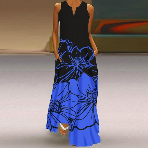 Fartey Maxi Dresses for Women 2025 Boho Floral Print Dress Slim Fit Summer Sleeveless V Neck Dress Loose Flowy Long Beach Sundress Black S-2XL