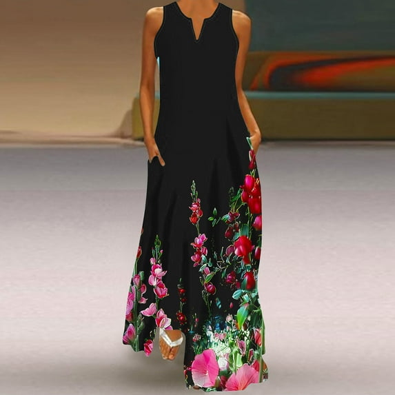 Fartey Maxi Dresses for Women 2025 Boho Floral Print Dress Slim Fit Summer Sleeveless V Neck Dress Loose Flowy Long Beach Sundress Black S-2XL