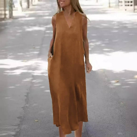 Fartey Maxi Dresses for Women 2025 Summer Casual Sleeveless Sundress Elegant V Neck Long Dresses with Pockets 2025 Beach Vacation Brown S