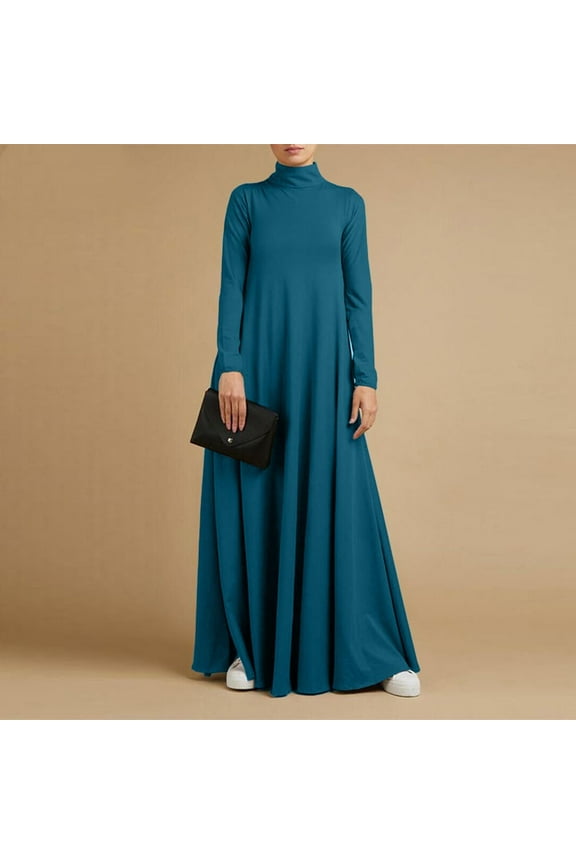 Maxi Dresses for Women Plus Size Long Flowy High Neck Dress with Pockets Loose Flowy Solid Color Long Sleeve Swing Dress 2025 Blue S-5XL
