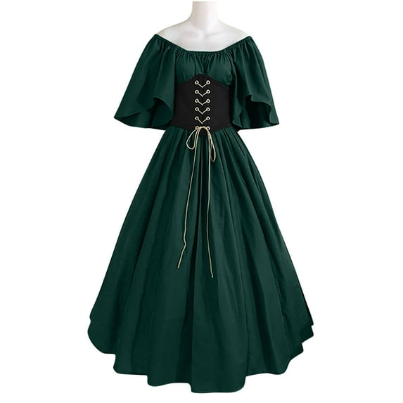 Fartey Medieval Dress for Women Clearance Plus Size Ruffled Short Sleeve Court Dresses with Corset Retro Medieval Off Shoulder Maxi Dresses Green 4XL