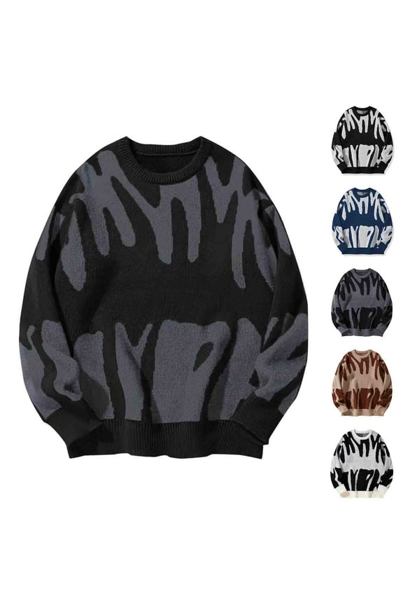 Men's Oversized Sweater Fall Long Sleeve Crewneck Knitted Pullover Tops Y2K Graphic Color Block Sweaters Winter Warm Sweaters White XL