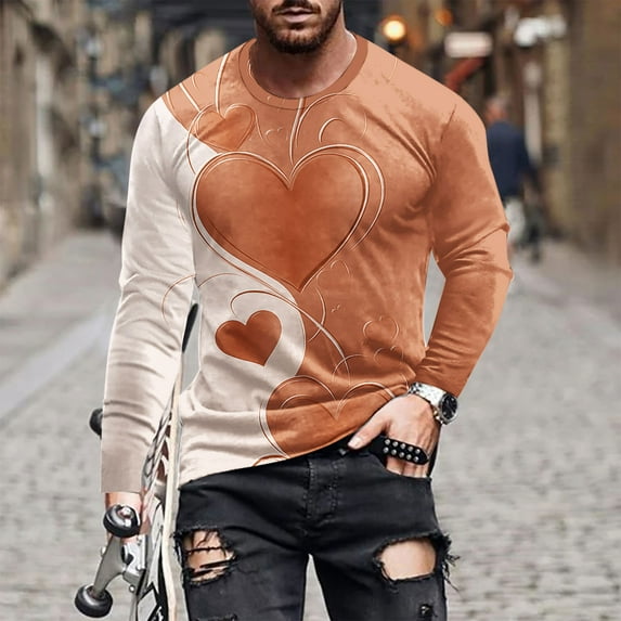 Fartey Men's Valentine's Day T Shirts Big and Tall Long Sleeve Crew Neck Workout Tshirts Fashion Funny Valentines Graphic Tees 2025 Orange S-4XL