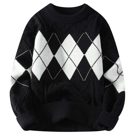 Fartey Mens Sweater Retro Geometric Print Sweaters Casual Long Sleeve Crew Neck Cable Knit Pullover Tops Fashion Oversized Colorblock Sweater