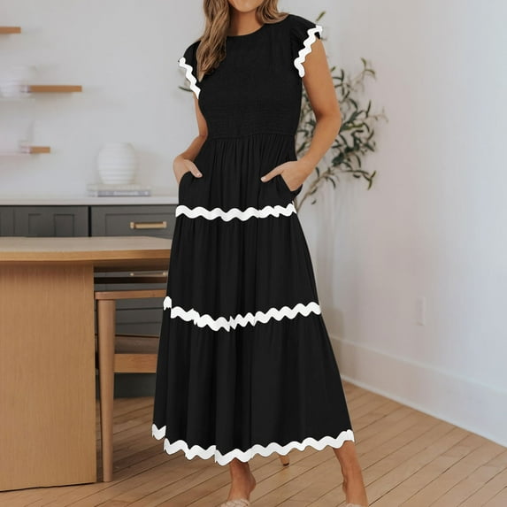 Fartey Midi Dresses for Women Summer Casual Short Sleeve Smocked Dress 2025 High Waist Ruffle Tiered Flowy Sundresses Fashion Colorblock Dress Black S