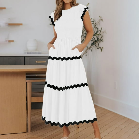 Fartey Midi Dresses for Women Summer Casual Short Sleeve Smocked Dress 2025 High Waist Ruffle Tiered Flowy Sundresses Fashion Colorblock Dress White XL