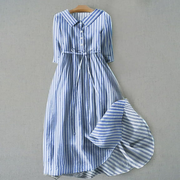 Fartey Midi Dresses for Women Casual Retro Solid Color Cotton Linen Dress Summer Button Lapel Lace-Up 3/4 Sleeve Beach Sundress