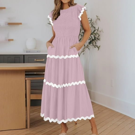 Fartey Midi Dresses for Women Summer Casual Short Sleeve Smocked Dress 2025 High Waist Ruffle Tiered Flowy Sundresses Fashion Colorblock Dress Pink M