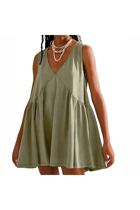 Mini Dresses for Women Cute Babydoll Dress Summer Sleeveless V Neck Sundress Fashion Solid Color Beach Dress Loose Flowy Pleated Dresses 2025 Army Green XXL