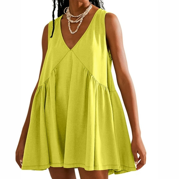 Fartey Mini Dresses for Women Cute Babydoll Dress Summer Sleeveless V Neck Sundress Fashion Solid Color Beach Dress Loose Flowy Pleated Dresses 2025 Yellow XL