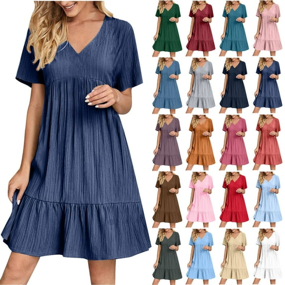 Fartey Mini Dresses for Women Clearance Summer Beach Off Shoulder Blouson Vintage Floral Print 3/4 Ruffle Flared Sleeve Waist Sundress
