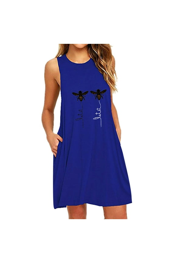 Nightgowns for Women Plus Size Sleeveless House Dress Ladies Trendy Print Tank Dress Flowy Round Neck Mini Nightdress with Pockets Blue 6XL