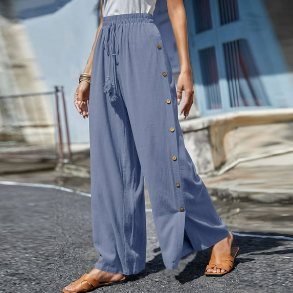 Fartey Novelty Side Split Button Wide Leg Pants for Women Casual Comfy Breathable Cotton Linen Pants Summer Solid Color Drawstring Elastic Waist Palazzo Trousers with Pockets,Blue,S-2XL