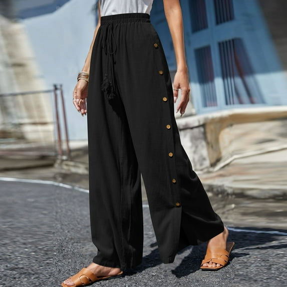 Fartey Novelty Side Split Button Wide Leg Pants for Women Casual Comfy Breathable Cotton Linen Pants Summer Solid Color Drawstring Elastic Waist Palazzo Trousers with Pockets