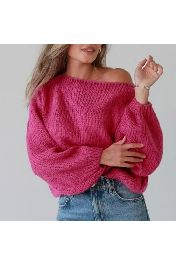 Off The Shoulder Sweaters for Women Oversized Long Sleeve Pullovers Sweaters Y2k Goingout Sweater Sexy Solid Color Knit Jumper Tops Hot Pink S