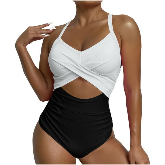 Fartey One Piece Bathing Suit for Women Summer Cutout High Waisted Tummy Control Swimsuit Trendy Colorblock V Neck Slimming Swimwear White S-2XL