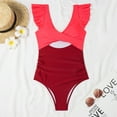 thumbnail image 1 of Fartey One Piece Cutout Swimsuits for Women Cute Ruffle Sleeve Criss Cross Bathing Suits Cutout Tummy Control Swimsuit Fashion Color Block Swimwear Red S-XL, 1 of 4