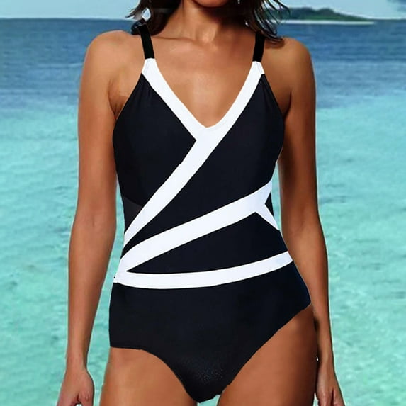 Fartey 2025 Womens One Piece Swimsuit Slimming Tummy Control Bathing Suits Fashion Color Block V Neck Swimsuits Summer Backless Strap Swimwear Black S-2XL