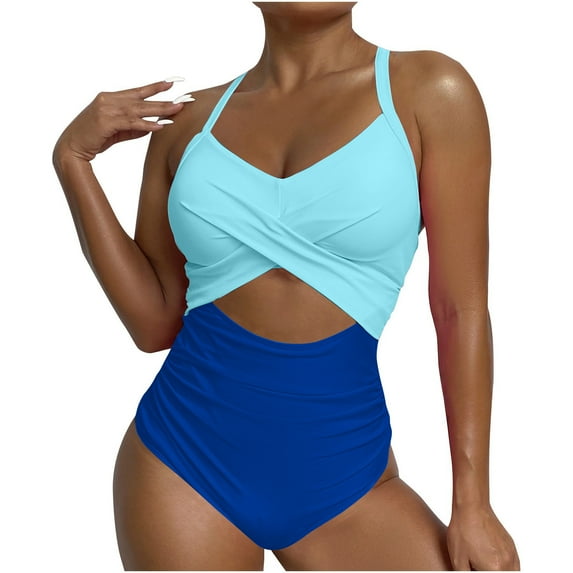 Fartey One Piece Swimsuits for Women Tummy Control Cutout High Waisted Bathing Suit Fashion Color Block Wrap Tie Back Beach Swimwear 2025 Light Blue S-2XL