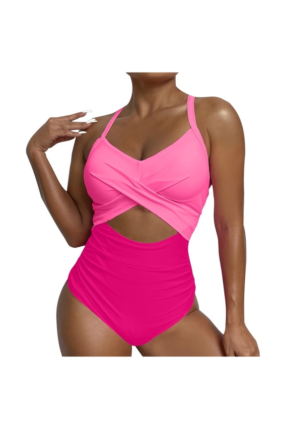 One Piece Swimsuits for Women Tummy Control Cutout High Waisted Bathing Suit Fashion Color Block Wrap Tie Back Beach Swimwear 2025 Pink S-2XL