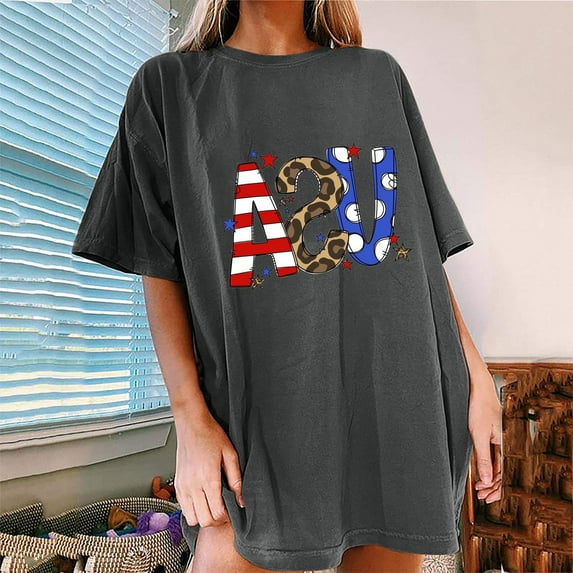 Fartey Oversized American Flag Shirt for Women 4th of July Patriotic Tshirt Cute USA Star Stripes Graphic Tees Memorial Day Short Sleeve Tops Gray L