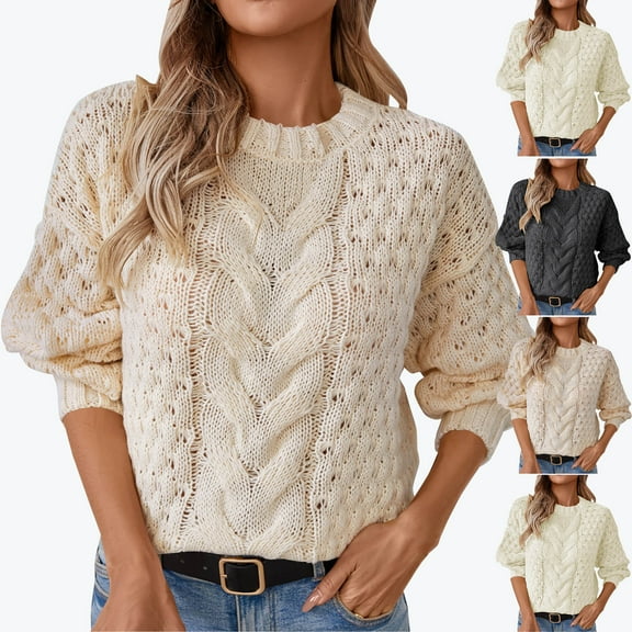 Fartey Oversized Cable Knit Sweater for Women Loose Fit Crew Neck Long Sleeve Hollow Out Crochet Sweaters Cozy Winter Chunky Pullover Sweaters Black M