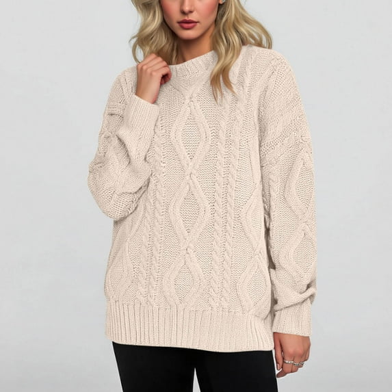 Fartey Oversized Cable Knit Sweaters for Women Loose Casual Long Sleeve Crewneck Pullover Tops Fashion Fall Winter Warm Sweaters Beige M