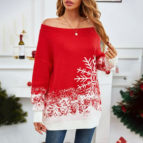 Fartey Oversized Christmas Sweaters for Women Sexy Off Shoulder Pullover Sweater Fashion Snowflake Print Knitted Sweater Casual Loose Long Sleeve Holiday Sweaters Red XL