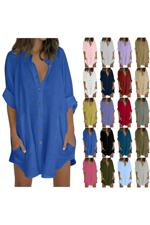 Oversized Cotton Linen Button Down Shirts for Women Loose Casual 3/4 Sleeve Lapel Tops Plus Size Summer Solid Color Blouses with Pockets