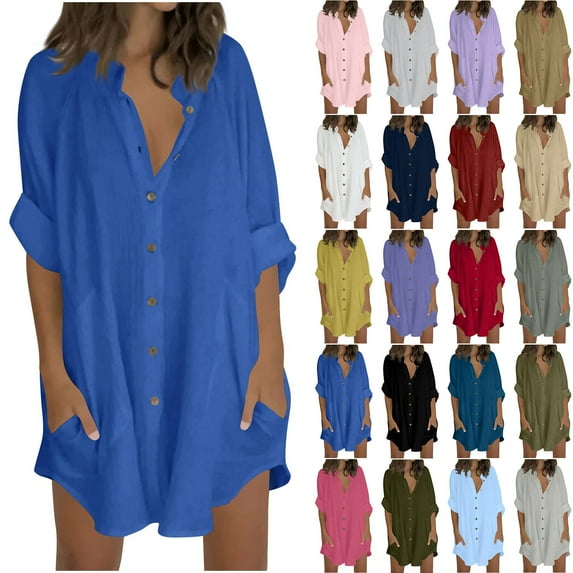 Fartey Oversized Cotton Linen Button Down Shirts for Women Loose Casual 3/4 Sleeve Lapel Tops Plus Size Summer Solid Color Blouses with Pockets Dark Gray M