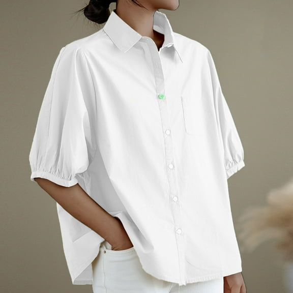 Fartey Oversized Cotton Linen Shirts for Women Dressy Casual Button Down Lapel Collar Tops Loose Fit Half Sleeve Tshirts Fashion Solid Color Blouses White 2XL