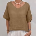 thumbnail image 1 of Fartey Oversized Cotton Linen T Shirts for Women 2025 Summer Solid Color Short Sleeve Tops Dressy Casual V Neck Tee Shirt Loose Breathable Beach Holiday Blouses Khaki 2XL, 1 of 9