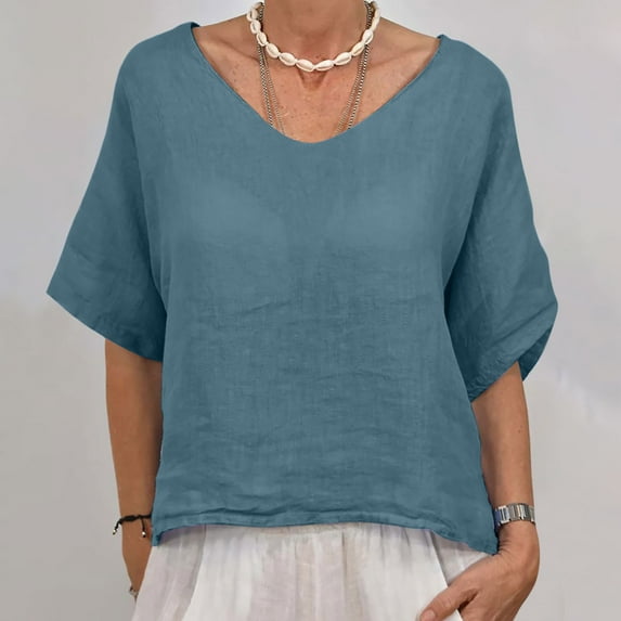 Fartey Oversized Cotton Linen T Shirts for Women 2025 Summer Solid Color Short Sleeve Tops Dressy Casual V Neck Tee Shirt Loose Breathable Beach Holiday Blouses Blue 2XL