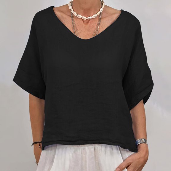 Fartey Oversized Cotton Linen T Shirts for Women 2025 Summer Solid Color Short Sleeve Tops Dressy Casual V Neck Tee Shirt Loose Breathable Beach Holiday Blouses Black M