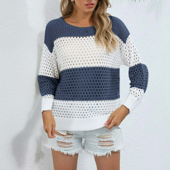 Fartey Oversized Crochet Sweaters for Women Trendy Striped Colorblock Knit Sweater Crew Neck Long Sleeve Hollow Out Pullover Sweaters