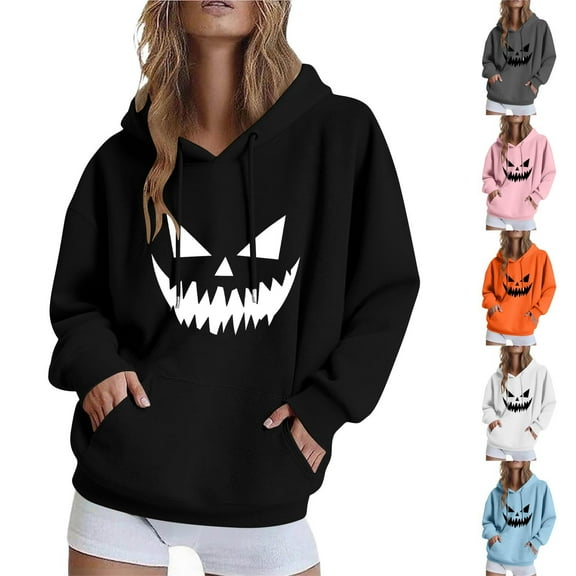 Fartey Oversized Halloween Hoodies for Women Funny Pumpkin Graphic Drawstring Hooded Sweatshirts Loose Comfy Long Sleeve Drop Shoulder Pullover Tops with Pockets Gray S